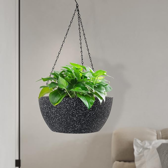 10 inch Hanging Planters for Outdoor Indoor Plants with Drainage Holes and Chain, 2 Pack Round Hanging Flower Pots for Garden Home Porch Decor, Speckled Black