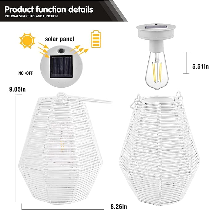Outdoor Solar Lantern Hanging Decorative Rattan Lanterns with Handle White Large Solar Table Lamp Waterproof for Patio Garden Wedding Home Decor