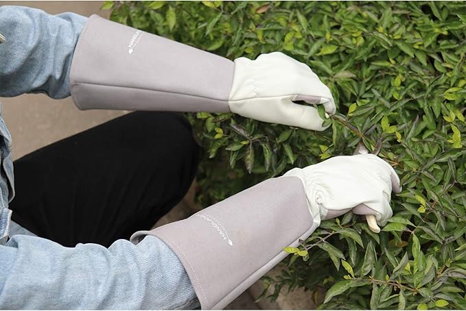 HANDLANDY Long Gardening Gloves for Men & Women, Thorn Proof Rose Pruning Gloves Leather Gauntlets Garden Gloves Yard Work Gloves (Large, Grey)