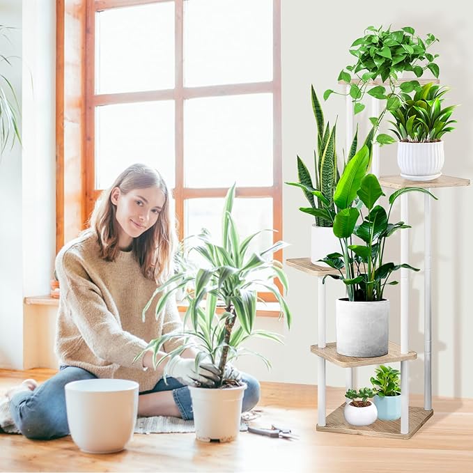 5 Tier Wood Tall Plant Stand Metal Rack Indoor, Multiple Flower Pot Holder Shelves Corner Rack, Planter Shelf Display Rack Storage Organizer for Patio Living Room Balcony Garden(White Oak)