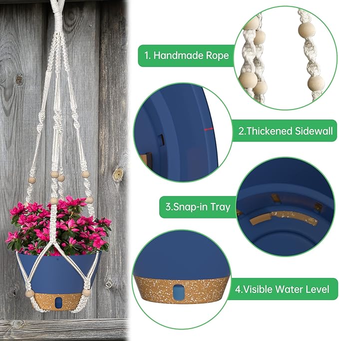 ZMTECH 2 Pack 8 Inch Blue Hanging Planters with Macrame Plant Hanger for Indoor and Outdoor Plants, Self Watering, Drainage Hole, Visible Level Tray