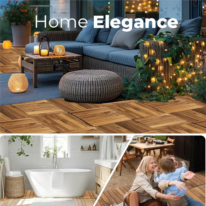Pack of 10 Deck Tiles - 12"x12" Interlocking Natural Solid Acacia Wood for Outdoor & Indoor, Patio Garden, Balcony, Poolside - Natural6 Color