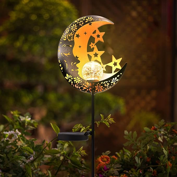 Moon Solar Lights Outdoor Garden Decorative Star Solar Lantern with Warm Light Waterproof Metal Outdoor Decoration for Patio, Pathway or Yard Garden Decor
