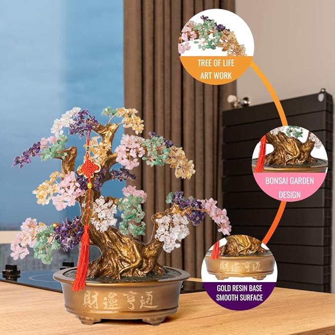 Natural Chakra Gemstone Crystal Bonsai Tree of Life(1,350 Gemstone Count) Large Feng Shui Money Tree for Luck and Wealth Desk Decoration 20 Inches