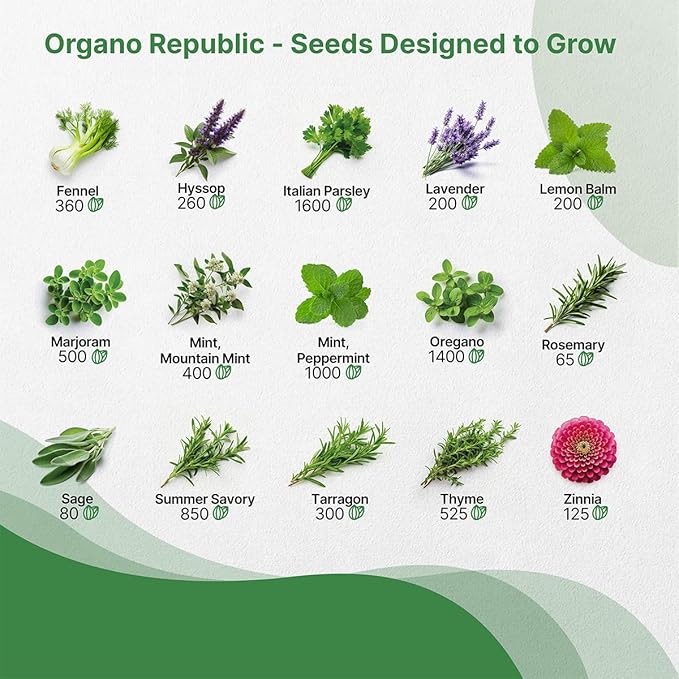 Organo Republic 30 Culinary Herbs & Edible Flower Seed Variety Pack- Indoor/Outdoor. 14000+ Non-GMO Heirloom Flower Seeds: Basil, Borage, Echinacea, Lavender, Oregano, Rosemary Seeds & More