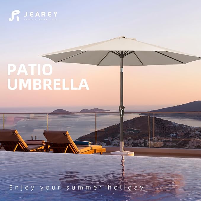JEAREY 10FT Outdoor Patio Umbrella Outdoor Table Umbrella with Push Button Tilt and Crank, Market Umbrella 8 Sturdy Ribs UV Protection Waterproof for Pool, Garden (Beige)