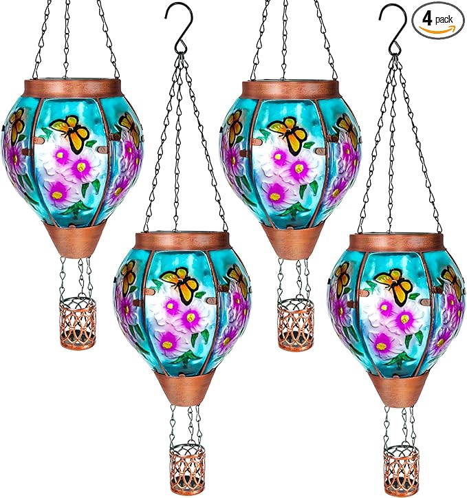 4 Pack Solar Hot Air Balloon Lantern with Flame, Butterfly Glass Outdoor Solar Lanterns for Outside Hanging Farmhouse Patio Pathway Decor, Butterfly Gifts for Women Grandma Mom - Butterfly