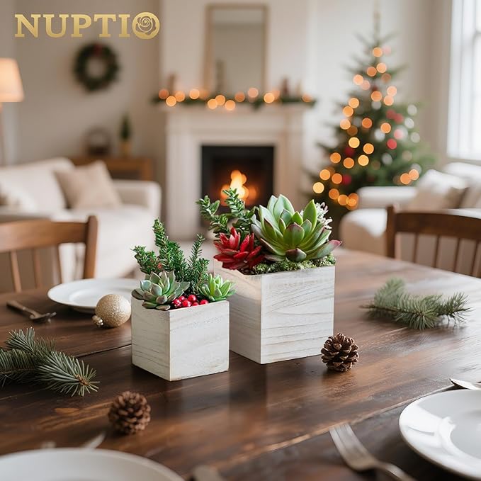 NUPTIO Wooden Box for Centerpiece Wedding: 6 Pcs Rustic Square Planter Box FarmhouseTable Fall Decor - 4×4" & 5×5" Whitewashed Small Wood Vases Flower Pots for Windowsill Home Garden