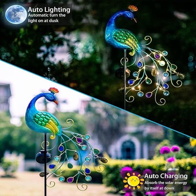 VEWOGARDEN Metal Peacock Solar Garden Lights Stakes - Waterproof Landscape Path Lights for Outdoor Patio Lawn Yard Decorations (38"*14"*2.5")Outdoor