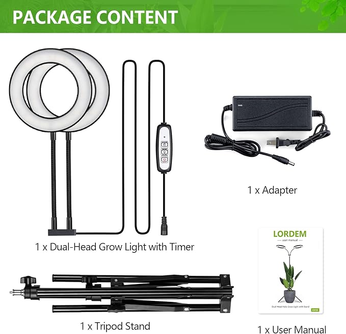 LORDEM Grow Light for Indoor Plants, Dual-Head Plant Light for Plants Growing, Full Spectrum Growth Lamp with Auto Timer for 4/8/12H, 4 Dimmable Levels, 144 LEDs, Height Adjustable Stand 24.4"- 67"