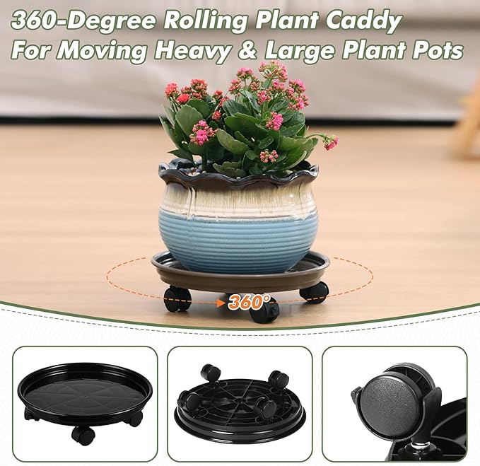 8 Packs Plant Caddy with Wheels 11.8" Plastic Rolling Plant Stands Heavy-Duty Plant Dolly with Casters Indoor and Outdoor Plant Roller Base Large Heavy Plant Pot Saucers with Wheels, Black + Brown