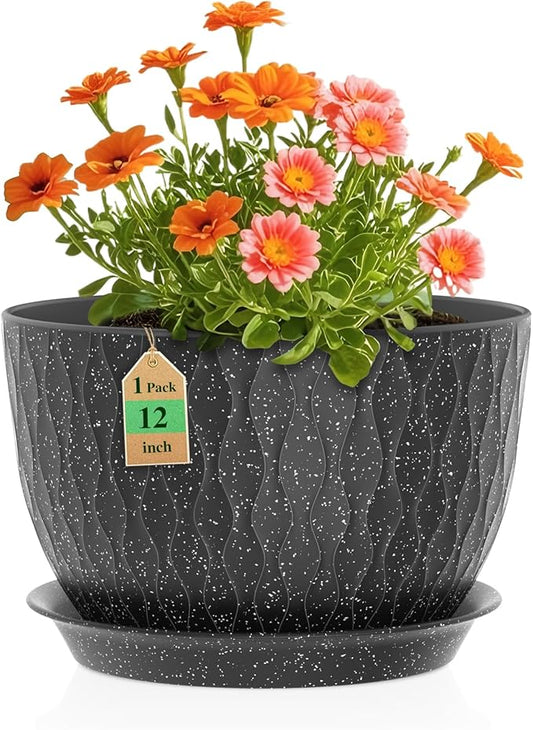 12 Inch Wide Water Ripples Flower Pots for Indoor or Outdoor Plants, Large Plant Pots with Drainage Holes & Saucer, Plastic Planters Set for Garden & Home Decor (Black with White Speckles)