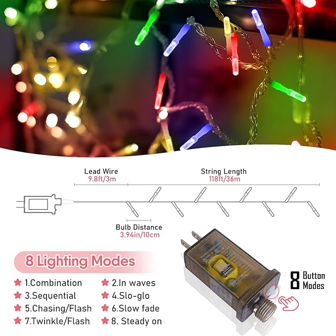 Heceltt 360 LED 118 FT String Lights Outdoor, 8 Modes Easter Lights Plug in, IP44 Waterproof Led String Lights with Timer and Memory for Easter Yard Party Garden Decorations (Multicolor)