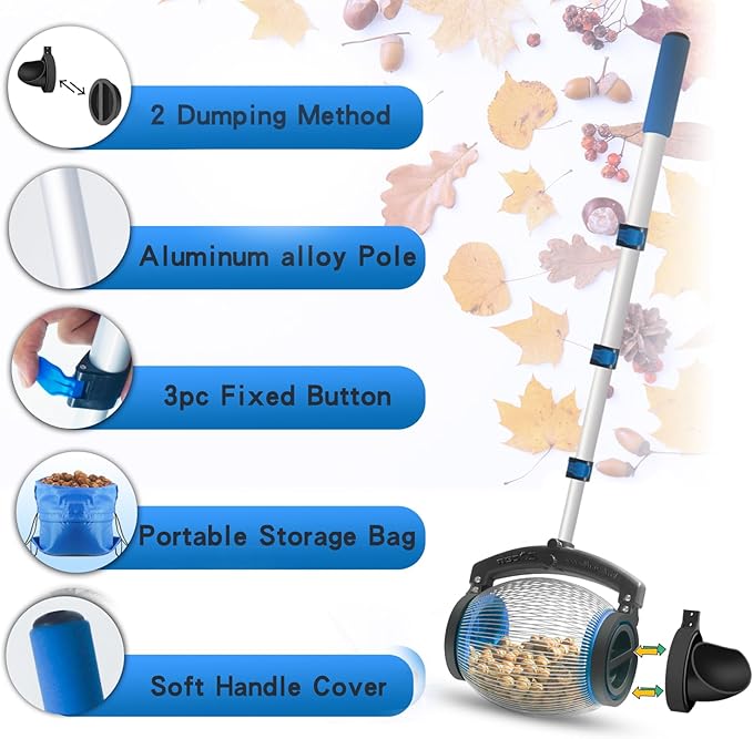 Zozen Acorn Picker Upper Roller, 2 Dumping Method | Acorn Dedicated Version - High Density Steelwire Gap | Also Apply to Nerf Balls, Pick Up Size 3/8'' to 1'' Small Diameter Objects, Capacity 1 Gallon