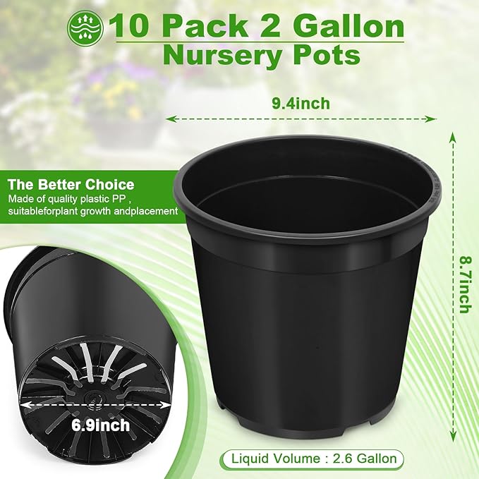 1/2/3/5/7 Gallon Pots for Plants, 2 Gallon Plastic Nursery Pot with Drainage Holes, Sturdy Plastic Plant Pots for Nursery Garden, Flowers, Succulent Outdoor Indoor (Black, 2 Gal- 10 Pack)