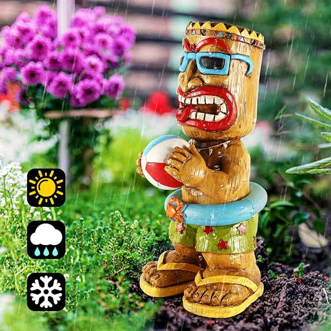 Large Float Tiki Garden Statue,Funny Tiki Decor Figurine with Multi-Color Changing Solar Lights,Hawaiian Tiki Man Outdoor Patio Yard Lawn Bar Party Beach Pool Decoration,Christmas Ornament Gift