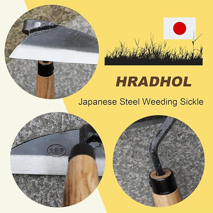 Japanese Weeding Sickle Hand Sickle,Hoe Gardening Tools for Weeding and Cultivating Weed Remover Tool High-Carbon Steel with Hard Solid Wood Handle Very Sharp (Wooden Handle)