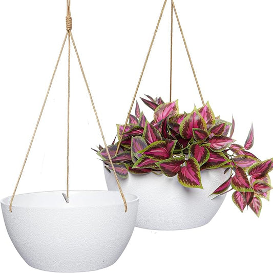 12 Inch 2 Pack Large Hanging Planters for Indoor Outdoor Plants, Plastic Hanging Basket Pots for House Plants Flowers, White