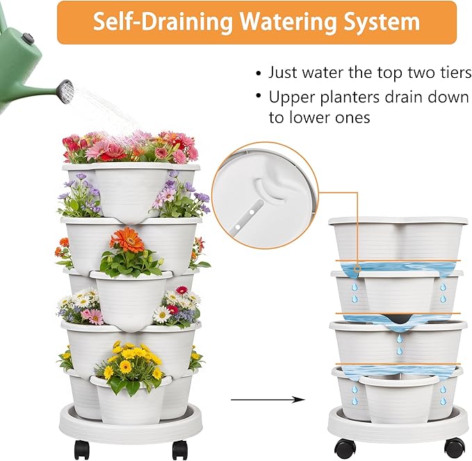 VECELO 5 Tier Vertical Garden Planter, Self Watering Stackable Planters with Wheels for Strawberries, Herbs, Flowers, Vegetables, Gray