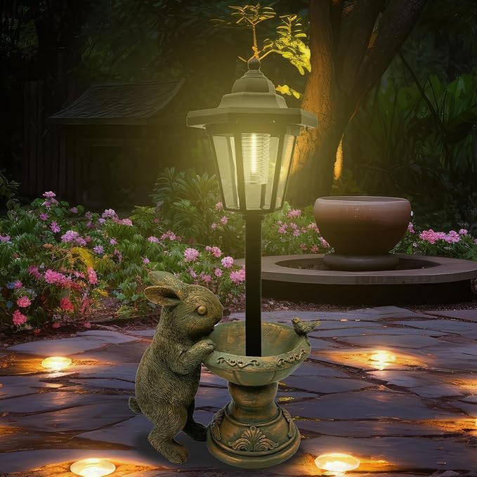 Rabbit Garden Statue with Solar Lantern - 15.8“ Outdoor Bunny Statue Bronze Resin Rabbit Figurines for Outside, Yard, Patio, Lawn Decor, Housewarming Gifts for Women, Mom