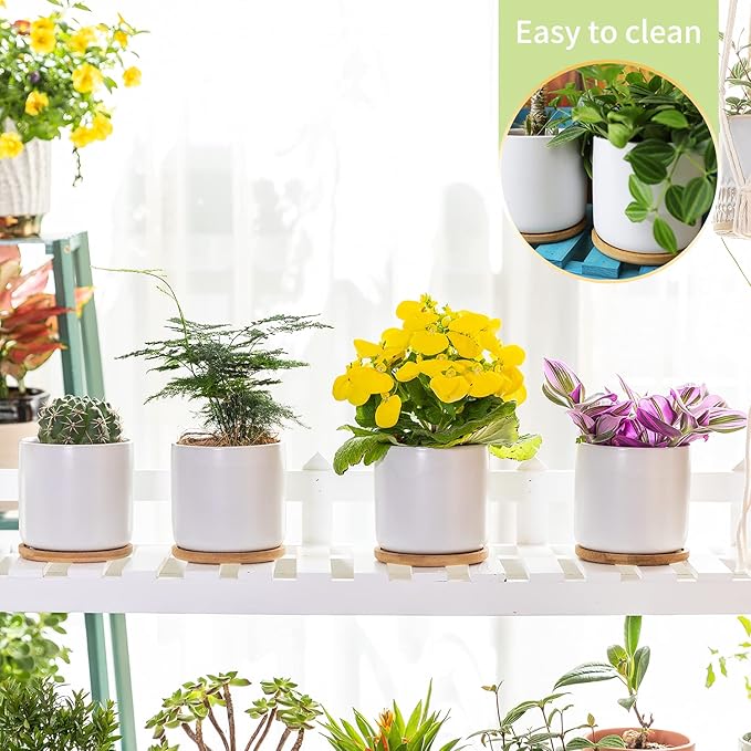 4 Inch Ceramic Plant Pots with Drainage Holes and Trays, Adorable Small Cylinder Flower Planter Pot with Saucers for Indoor Plants, Succulent, Snake Plants, Cactus & Herbs, White, Set of 4
