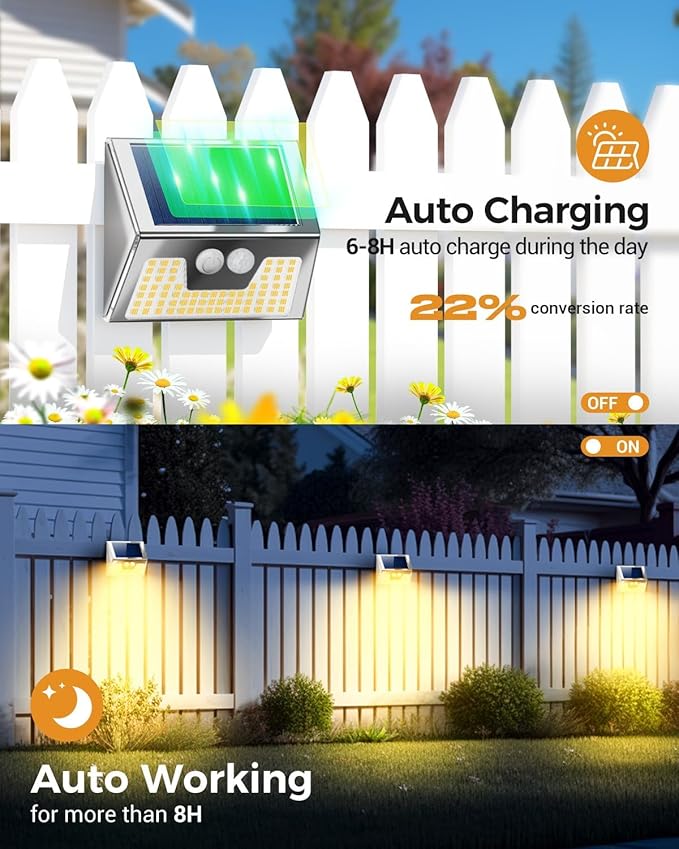 12 Pack Solar Lights Outdoor Motion Sensor, Waterproof Fence Lights 3 Lighting Mode, Warm White LED Outside Lights Wireless for Fence Wall Yard Steps Stairs Garden - Stainless Steel