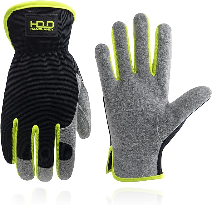 HANDLANDY Men Leather Gardening Gloves, Utility Work Gloves for Mechanics, Construction, Driver, Dexterity Breathable Design