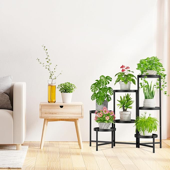 iDavosic.ly 7 Tier Large Plant Stand Indoor with 10 Inch Wide Tray, Tiered Corner Metal Outdoor Flower Display Holder Shelf, Folding Tall Rack for Patio Porch Living Room, Modern Black