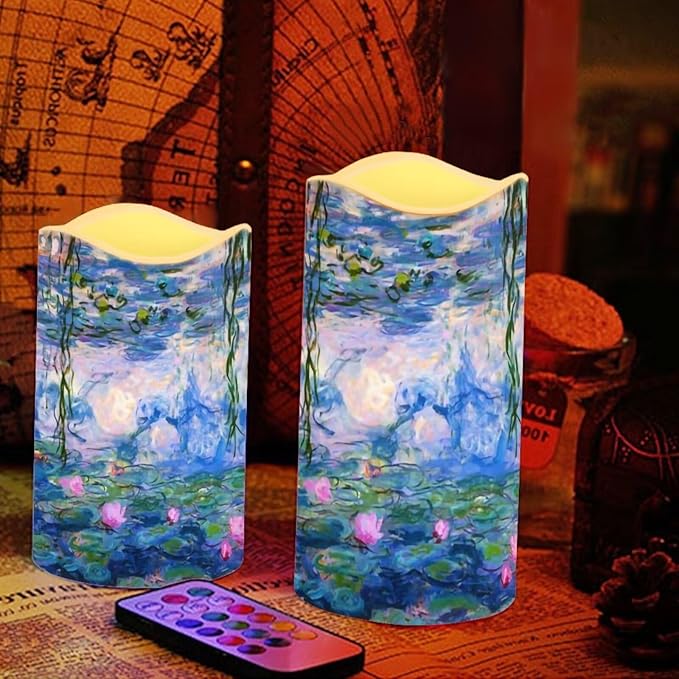 Ystardream Monet's Water Lily Flameless Candles with Timer Led Candles Flickering 4 Candle Sets for Home Decor,18 Key Remote Control,Dancing Flame, True Wax, Battery Powered.