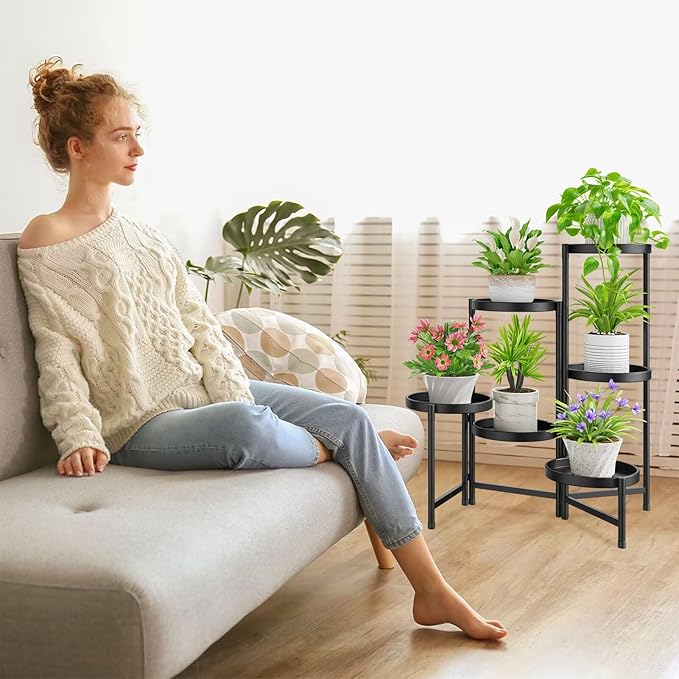 iDavosic.ly 6 Tier Large Plant Stand Indoor with 10 Inch Wide Tray, Tiered Corner Metal Outdoor Flower Display Holder Shelf, Folding Tall Rack for Patio Porch Living Room, Modern Black
