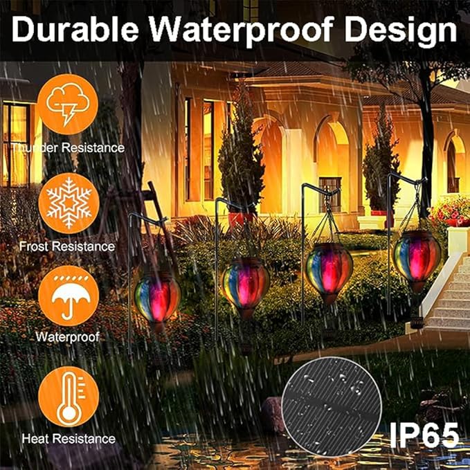 2PC Hot Air Balloon Solar Lantern with 2PC Shepherd Hook, Flickering Flame Hanging Solar Lanterns Outdoor Lights Waterproof Lanterns Decorative Garden Patio Yard Party Decor Colorful