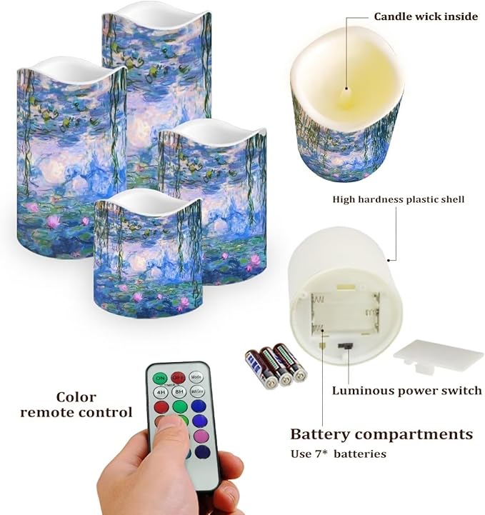 Ystardream Monet's Water Lily Flameless Candles with Timer Led Candles Flickering 4 Candle Sets for Home Decor,18 Key Remote Control,Dancing Flame, True Wax, Battery Powered.