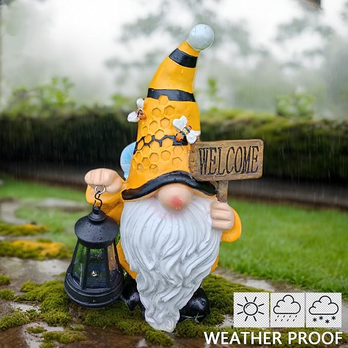 Gnome Garden Statues with Solar Lights Outdoor Gnomes Sculpture Yard Patio Decor for Lawn Ornaments Gardening Gifts(Bee Gnome