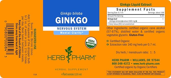 Herb Pharm Certified Organic Ginkgo Liquid 4 Ounce