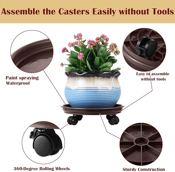 4 Packs Plant Caddy with Wheels 11.8" Plastic Rolling Plant Stands Heavy-Duty Plant Dolly with Casters Indoor Outdoor Plant Roller Base Plant Saucers on Wheels Plant Mover Coaster, Brown