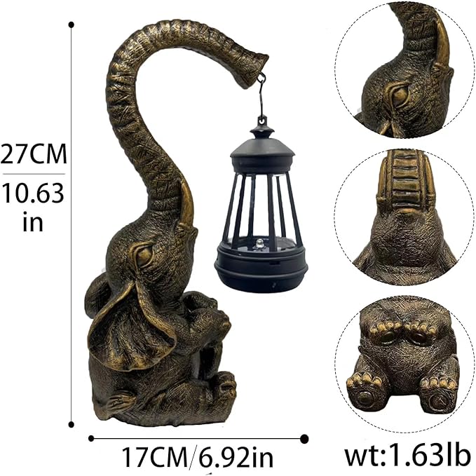 10.6 Inch Statue Elephant with Solar Outdoor Lights for Garden Decor,Lucky Present with Appeal For Birthdays(Man and Women and family), Unique Housewarming Presents and Yard Decoration. (black)