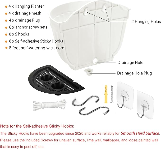 ORIMERC 4 Pack White Wall Planter Pots Vertical Living Wall Hanging Planters Wall Mounted Planter Holder with Drainage Hole for Indoor Outdoor Plants Wall Decor with Hooks/Screws