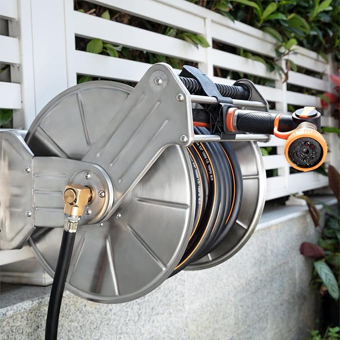 Giraffe Tools Stainless Steel Garden Hose Reel with 5/8" x 100 ft Heavy Duty Hose, Wall/Floor Mounted Metal Water Hose Reel with Crank Handle
