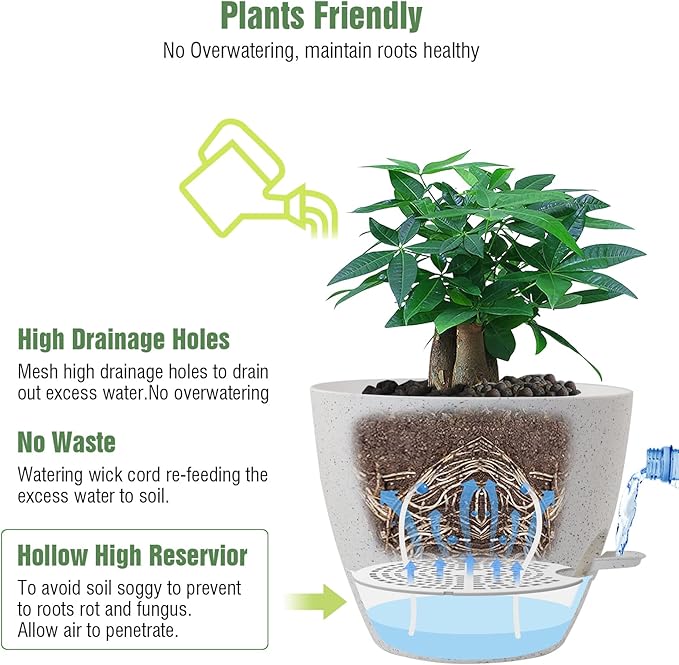 12 inch Large Self Watering Pots, Plastic Planters with 60oZ Removable Deep Reservoir and Multi Mesh Drainage Holes for Indoor Outdoor Garden Plants and Flowers, White Speckles