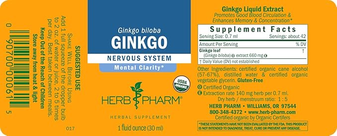 Herb Pharm Certified Organic Ginkgo Liquid 1 Ounce (781468)