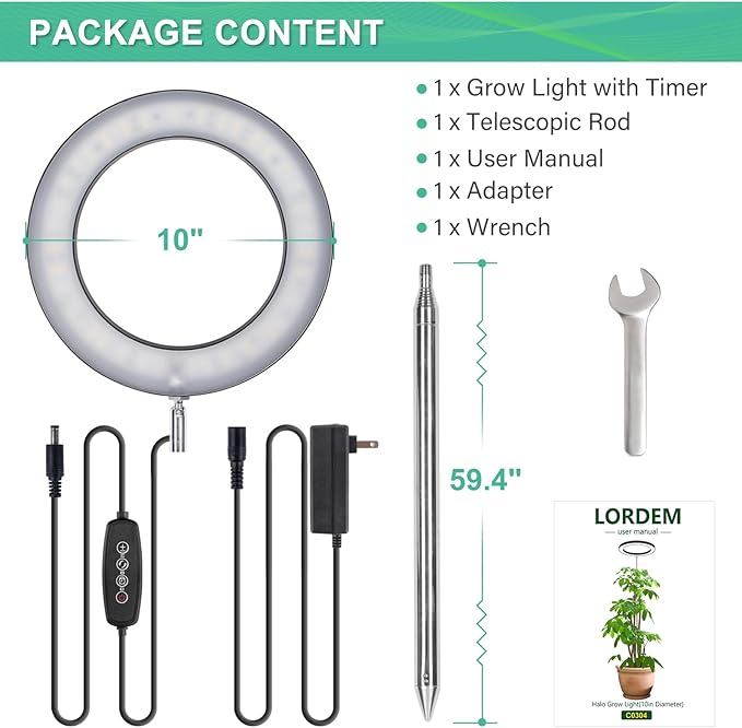 LORDEM 10" Full Spectrum Grow Light, 160 LEDs Plant Lamp for Indoor Plants, Grow Lamp with 4/8/12H Auto Timer, 10 Dimmable Levels, 3 Spectrum Modes, 61" Height Adjustable, Ideal for Large Tall Plants