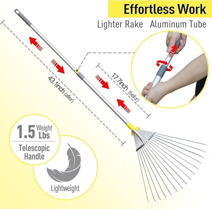 JARDINEER Adjustable Rakes for Leaves, Larger Garden Leaf Rake for Lawns Grass with 7-23" Expandable Head, Yard Collapsible Rake for Camping (64 inches)