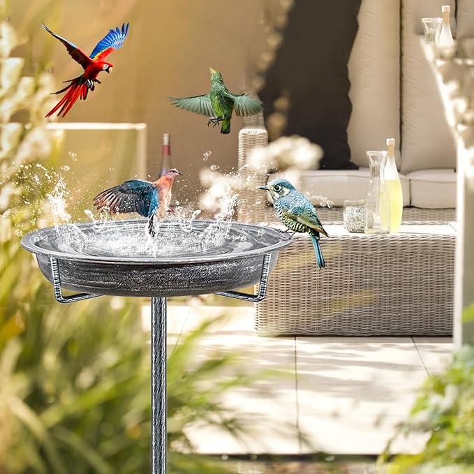 Metal Bird Bath for Outdoors Garden Birdbath Bowl, 36.2" Height Freestanding Bird Feeders for Outside with 4 Prongs Base Stake, Standing Birdfeeders for Yard Lawn Decor (Retro Silver)
