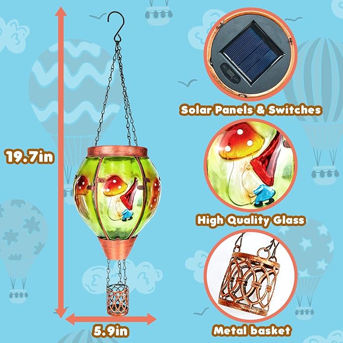 2 Pack Solar Hot Air Balloon Lantern with Flame,Mushroom Gnome Glass Solar Hanging Lanterns Outdoor for Outside Garden Patio Tree Porch Yard, Mushroom Gifts for Women Grandma Mom - Mushroom