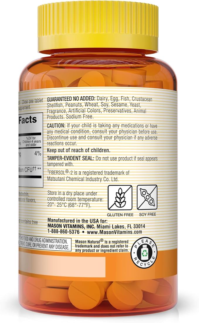 MASON NATURAL Healthy Kids Probiotic with Fiber - Healthy Digestive Function, Improved Gut Health, 60 Chewables (Pack of 3)