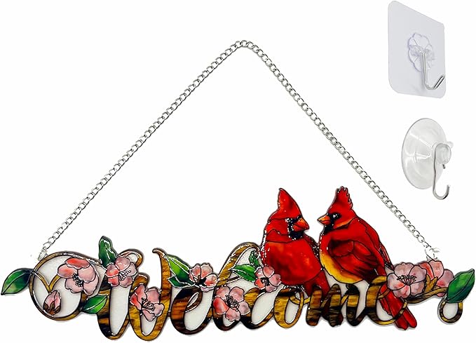 Welcome with Red Cardinal Suncatcher Red Bird Stained Glass Suncatchers Window Hanging Ornament for Home Decor Indoor Wall Art for Mother's Day Women Mom Birds Lovers Friends (Welcome)