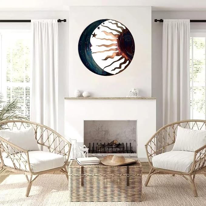 Jannity Metal Sun Wall Decor,11.02 Inches Large Metal Wall Art with Sun Moon Stars Retro Moon Sun Wall Decoration Hanging for Indoor Outdoor Patio Yard Home Garden