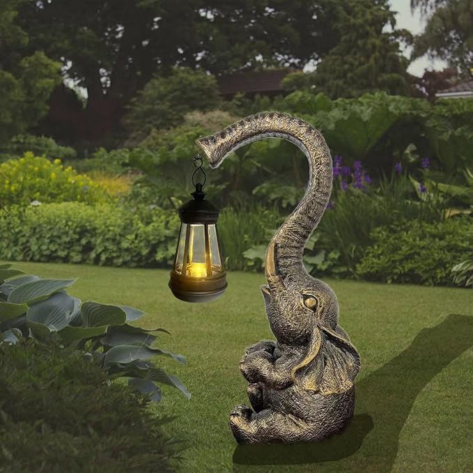 10.6 Inch Statue Elephant with Solar Outdoor Lights for Garden Decor,Lucky Present with Appeal For Birthdays(Man and Women and family), Unique Housewarming Presents and Yard Decoration. (black)