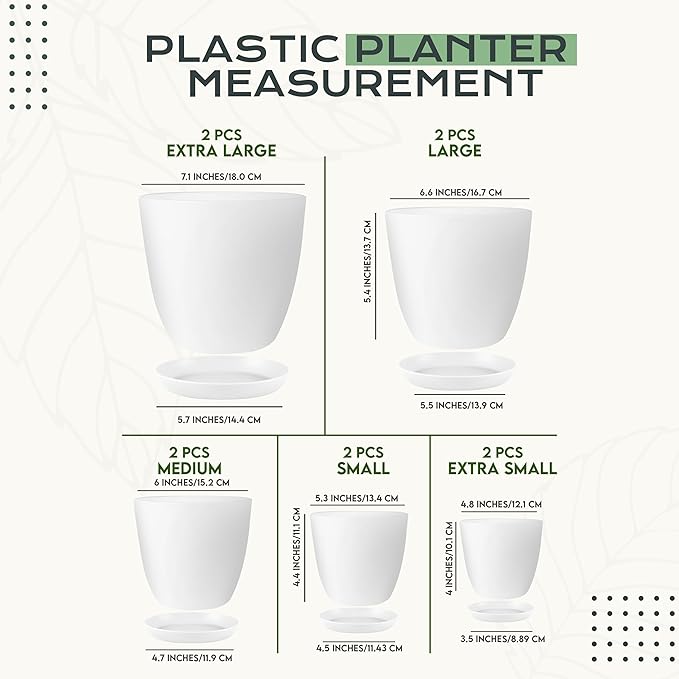 Utopia Home - Plant Pots Indoor with Drainage - 7/6.6/6/5.3/4.8 Inches Home Decor Flower Pots for Indoor Planter - Pack of 10 Plastic Planters for Indoor Plants, Cactus, Succulents Pot - White