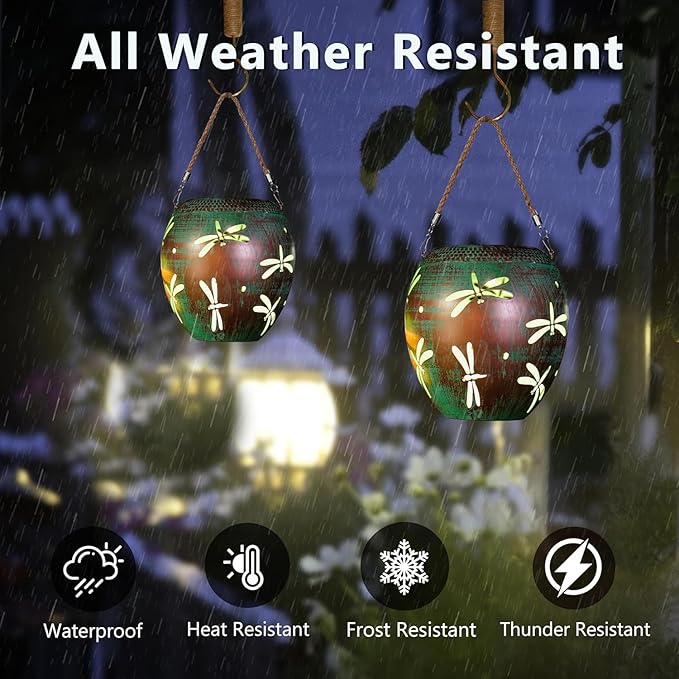 2 Pack Dragonfly Solar Lanterns Outdoor Waterproof, Hollow Out Metal Lantern Lights, Hanging Solar Lights for Yard, Patio, Porch, Garden Decor, Outdoor Decoration LED Lantern for Yard, Garden